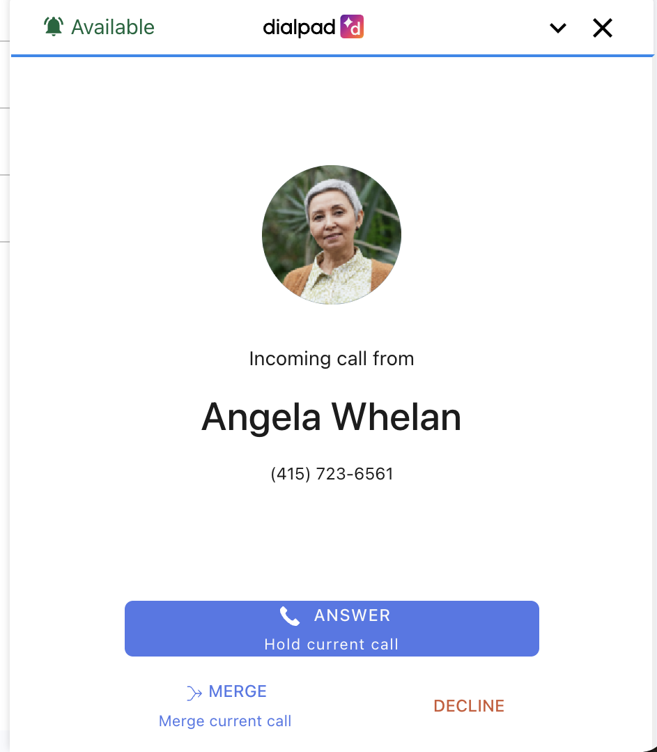 Incoming call screen displaying caller information and action buttons for answering or declining.